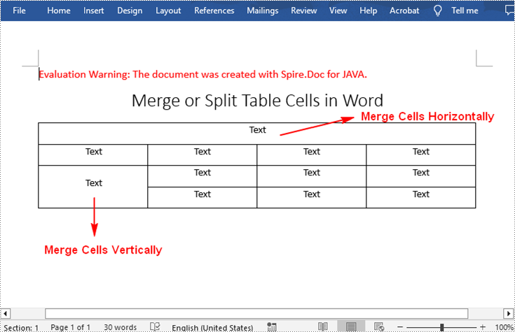 Java: Merge or Split Table Cells in Word