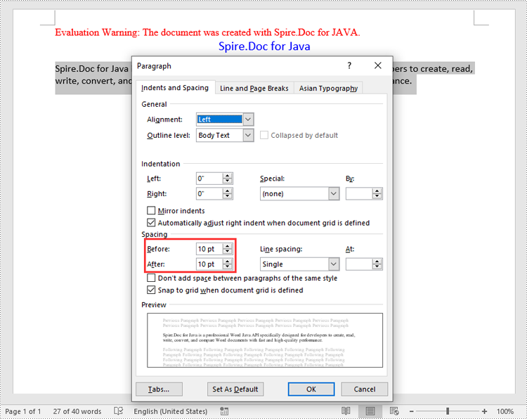 Java: Set Paragraph Spacing and Line Spacing in Word