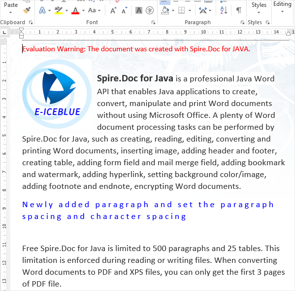 Java set the character spacing and paragraph spacing on Word document