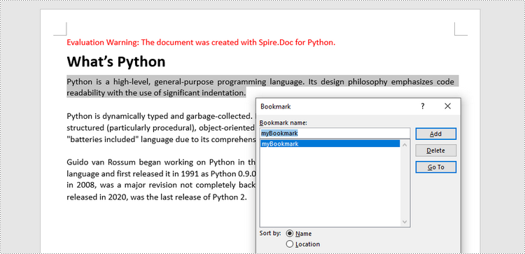Python: Add Bookmarks to a Word Document