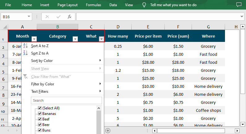 Add auto filters in Excel.