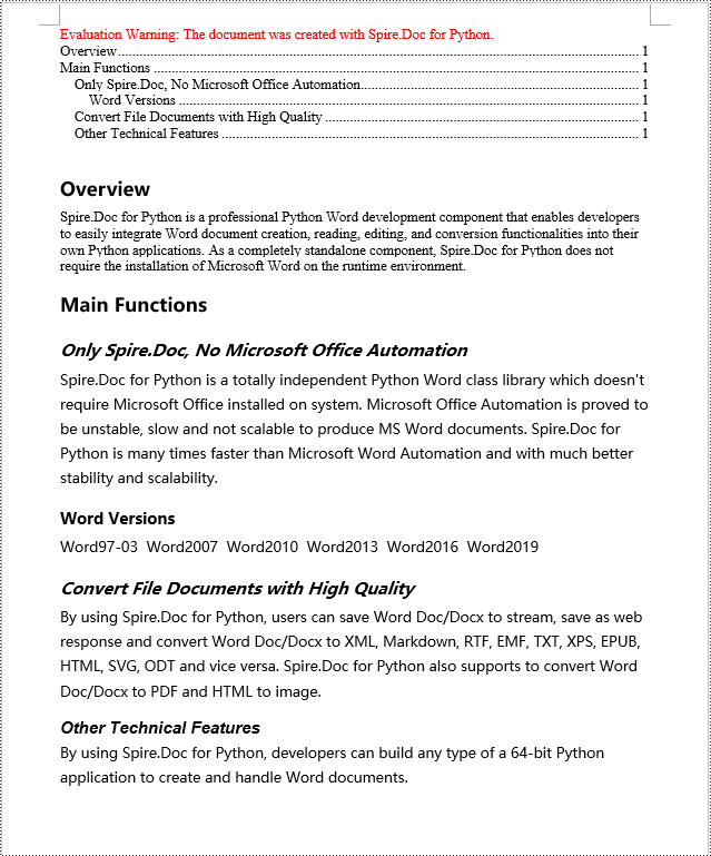 Python: Create a Table Of Contents for a Newly Created Word Document