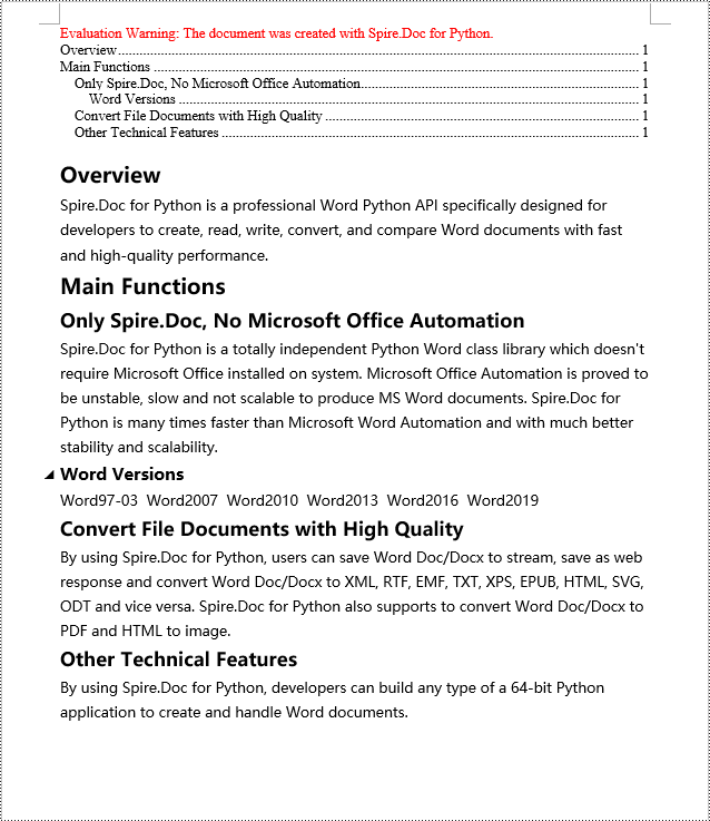 Python: Create a Table Of Contents for a Newly Created Word Document