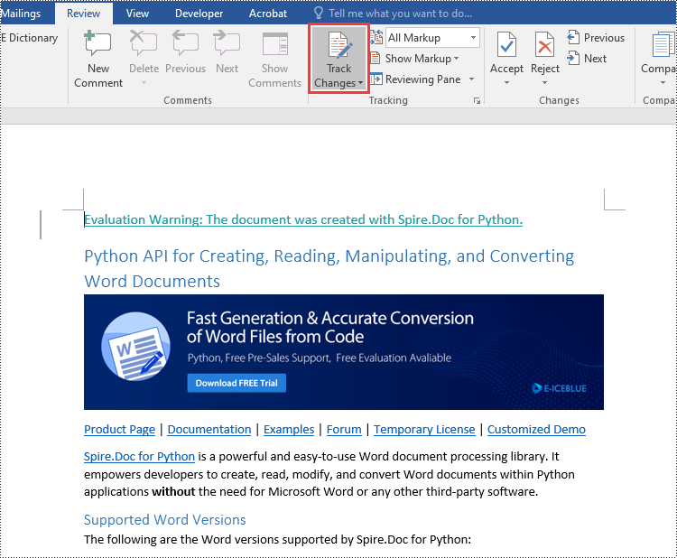 Python: Enable Track Changes, Accept or Reject Tracked Changes in Word