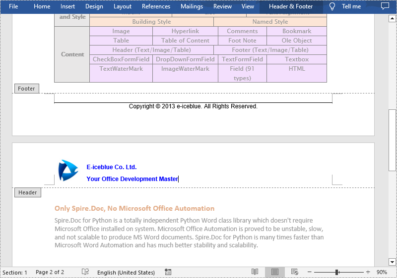 Python: Insert Headers and Footers in Word