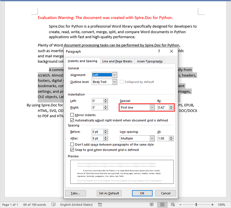 Python: Set Paragraph Indentations in Word