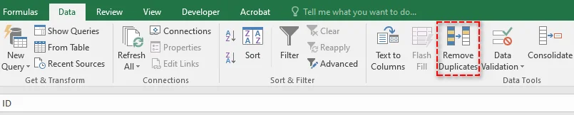 Excel Remove Duplicates tool button in the Data Tools group