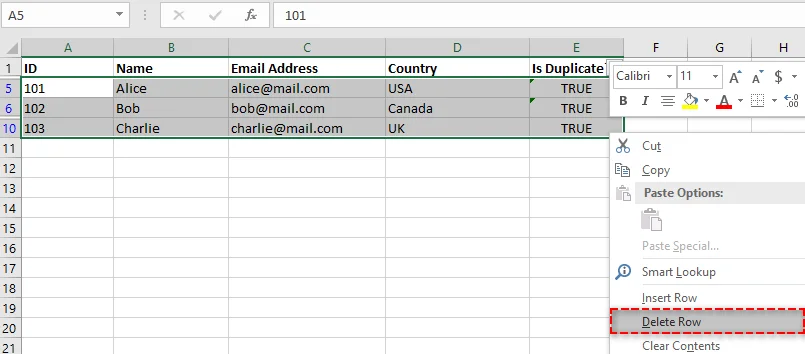 Delete duplicate rows from the Excel sheet