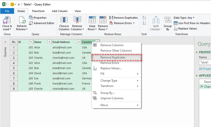 Remove duplicates by selected columns in Excel using Power Query
