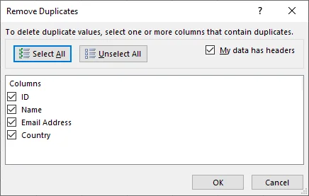 Remove Duplicates dialog box in Excel for selecting columns