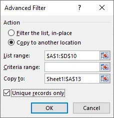 Configure the Excel Advanced Filter to copy unique records