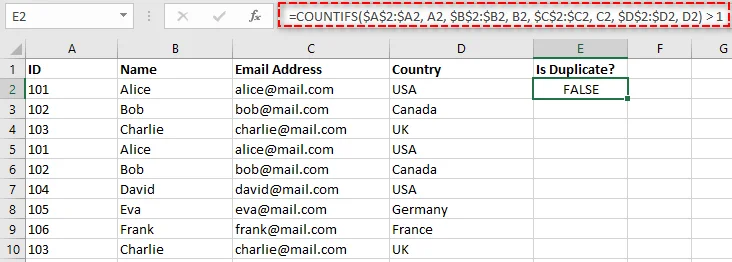 Enter the formula for duplicate checking in Excel