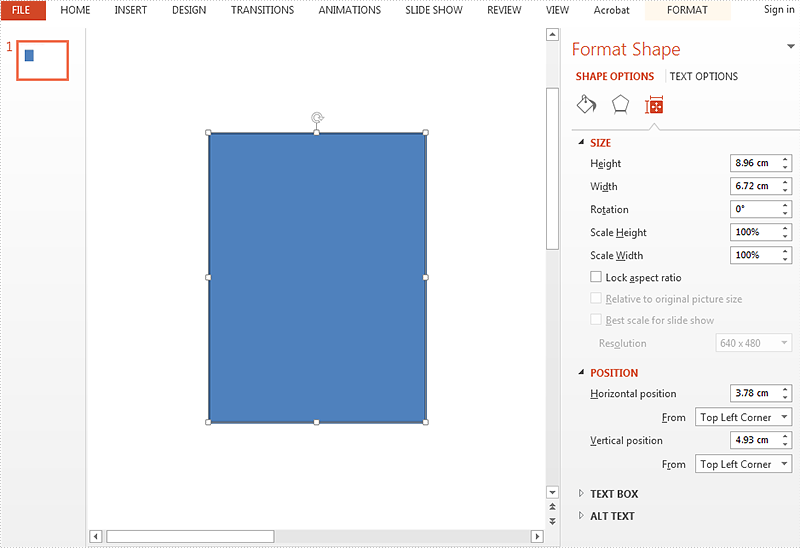 Reset the size and position for the shape on presentation slides in C#