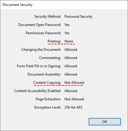 Set PDF permissions to restrict printing and copying