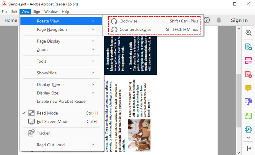 Rotate a PDF file using free Adobe Acrobat Reader