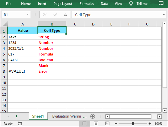 Get or retrieve the cell data types in an Excel worksheet