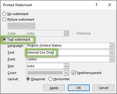Imposta testo filigrana