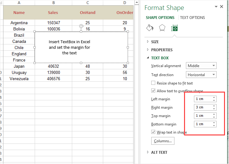 Set the internal margin of excel textbox in C#