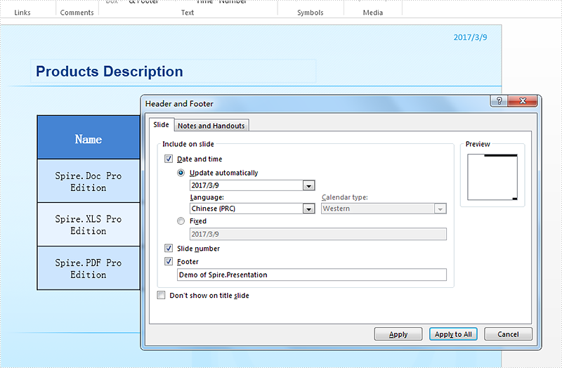 Whether to display the additional information for presentation slides on header and footer area