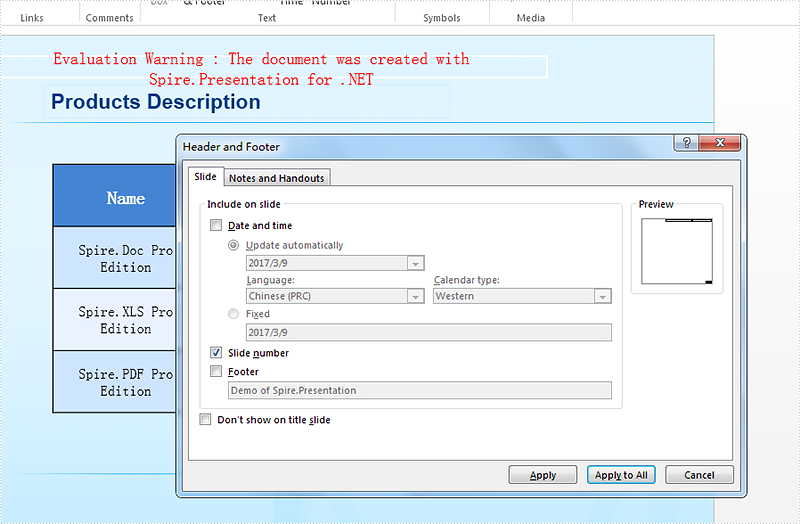 Whether to display the additional information for presentation slides on header and footer area