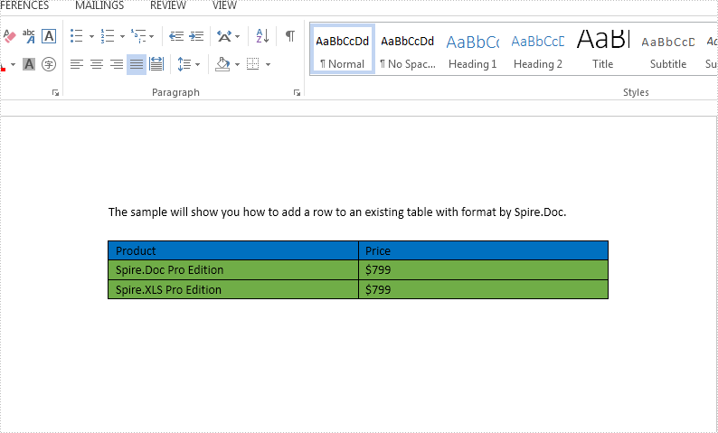 How to add a row to an existing word table in C#
