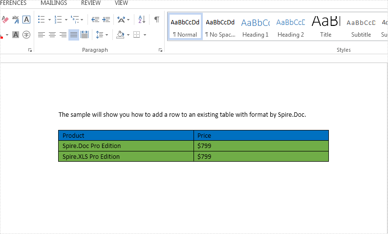 How to add a row to an existing word table in C