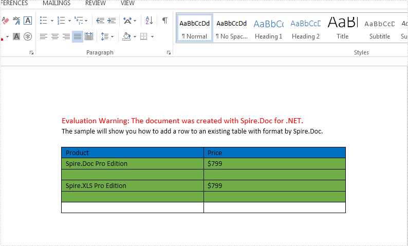 How to add a row to an existing word table in C#