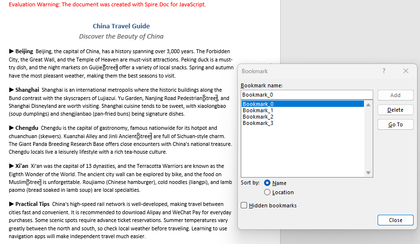 Bookmarks added for specific text in the generated Word document