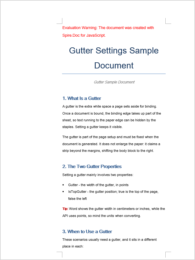 The document after a gutter has been added