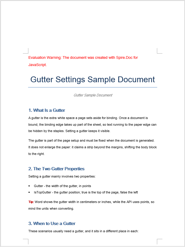 The document after the top gutter has been set