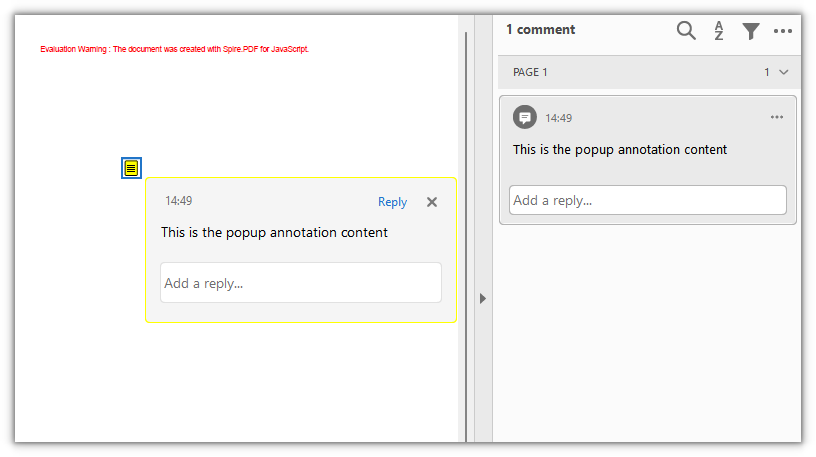 A popup annotation on the page, with its content expanded next to the icon