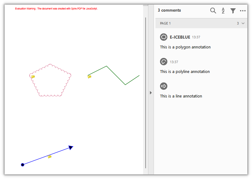 Line, polygon, and polyline annotations on the same page