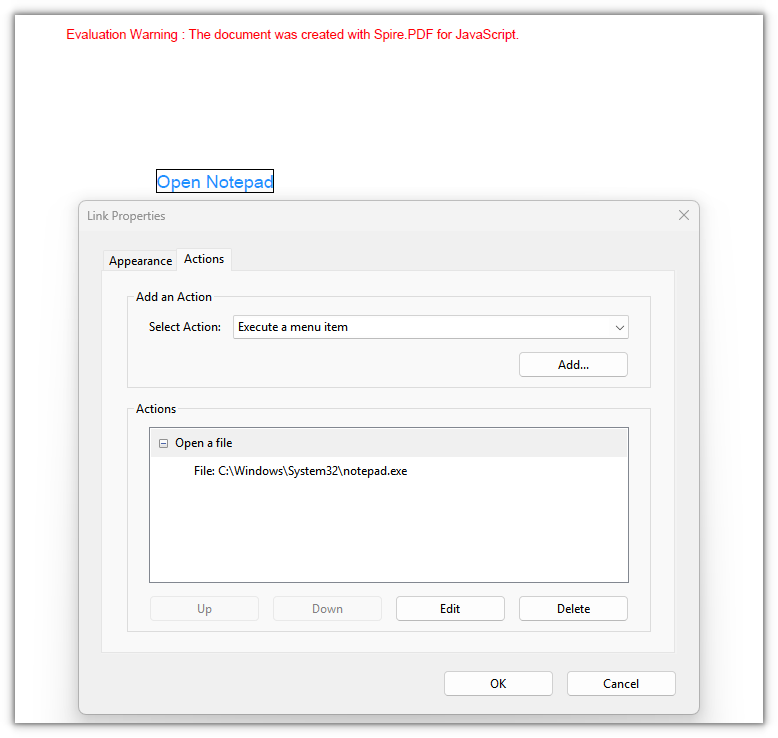 A file link annotation that opens the specified file through its system association when clicked