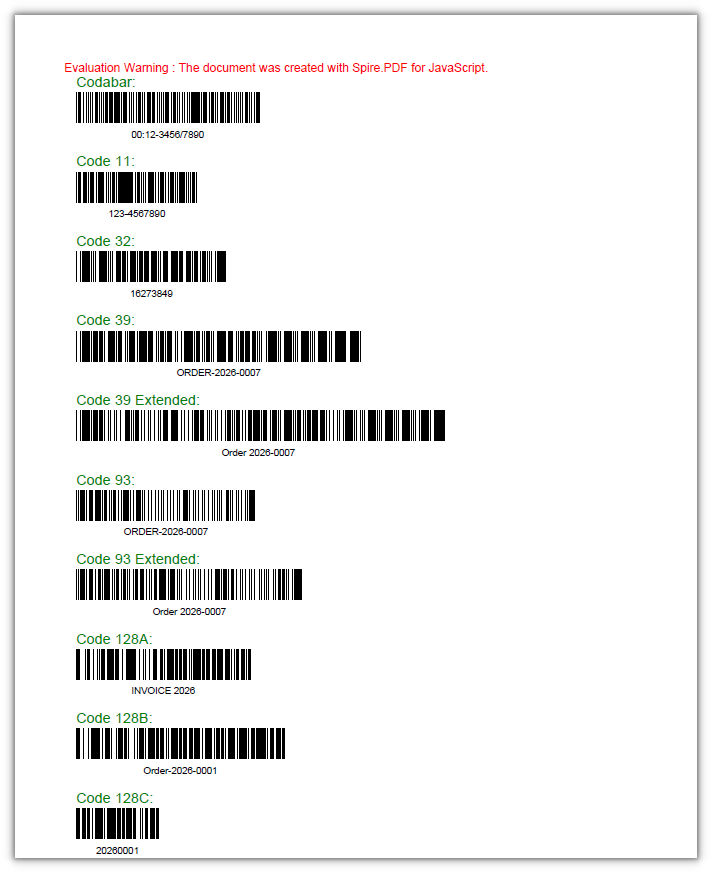 Ten barcode types on one page, each labeled above with its symbology and below with the readable text