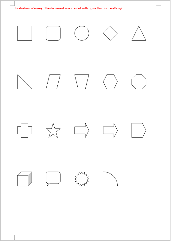 The code above inserts 19 different preset shapes in a loop, each 50×50, retrieving the shape type one by one with ShapeType.fromValue(i) and laying them out in rows and columns from the page origin — 5 shapes per row, and an automatic page break via AppendBreak once 8 rows are filled