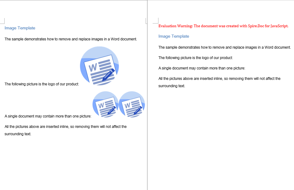 The code above walks the document structure and removes every picture object, while the text content and formatting in the paragraphs stay unchanged. The picture on the left is the document before deletion, and the one on the right is the same document after all the images have been removed