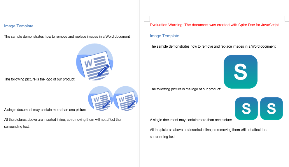 The code above removes each original picture while inserting the new picture at the index the original one occupied, reusing its size and its wrapping style, so the layout of the document is exactly the same as before the replacement
