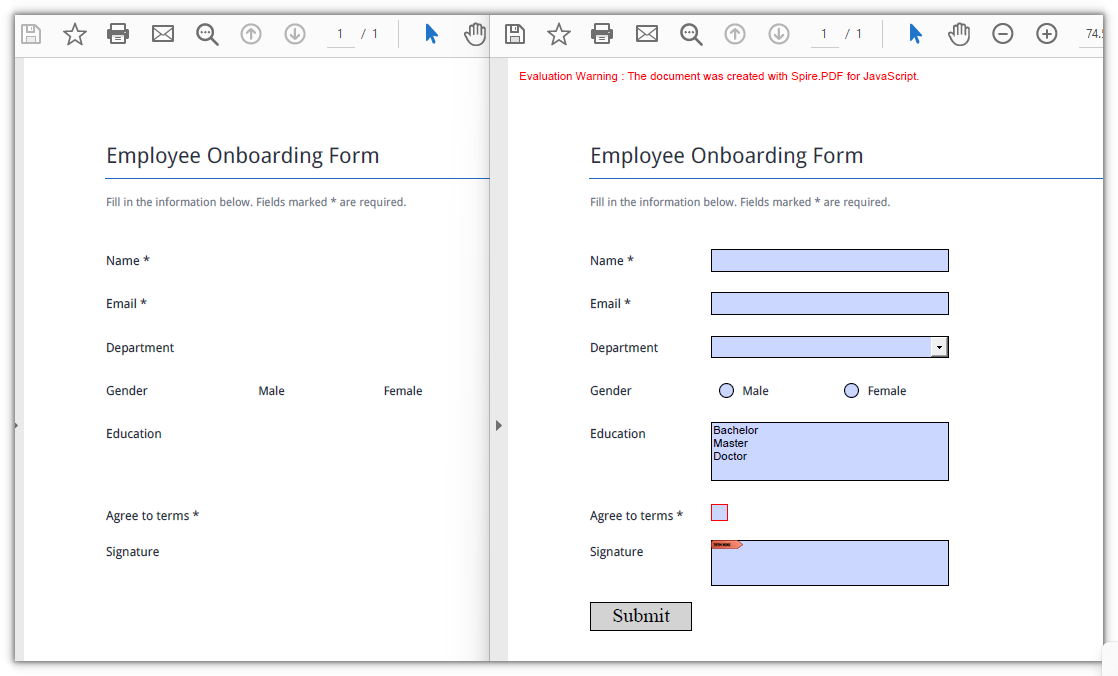 The blank registration form now carries a text box, check box, radio buttons, combo box, list box, button, and signature field