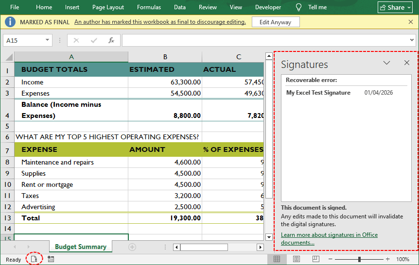 Окно Excel с открытой боковой панелью подписей справа, отображающей детали примененной подписи.