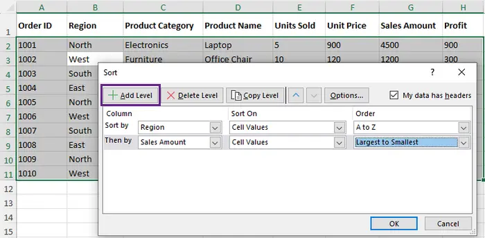 Add a new level to sort by sales amount