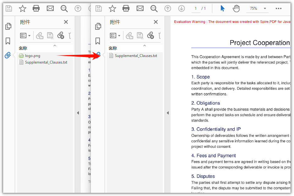 PDF document after the first attachment is removed