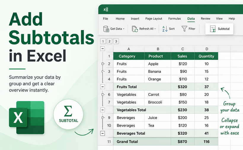 A step-by-step guide to add subtotals in Excel