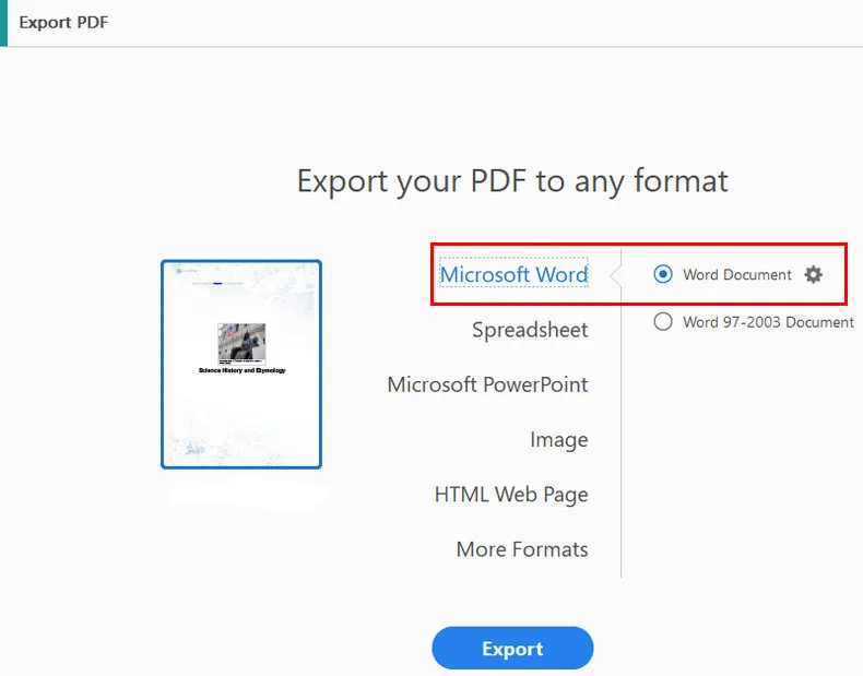 Export PDF to Word in Adobe