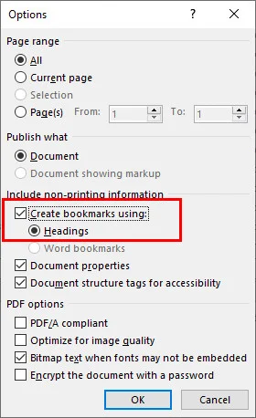Set Create Bookmarks Using Headings