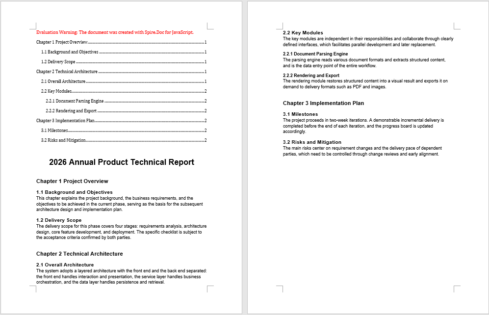The table of contents generated with a TableOfContent object and custom field switches has its entry levels, hyperlinks, and page numbers all determined by the switch string