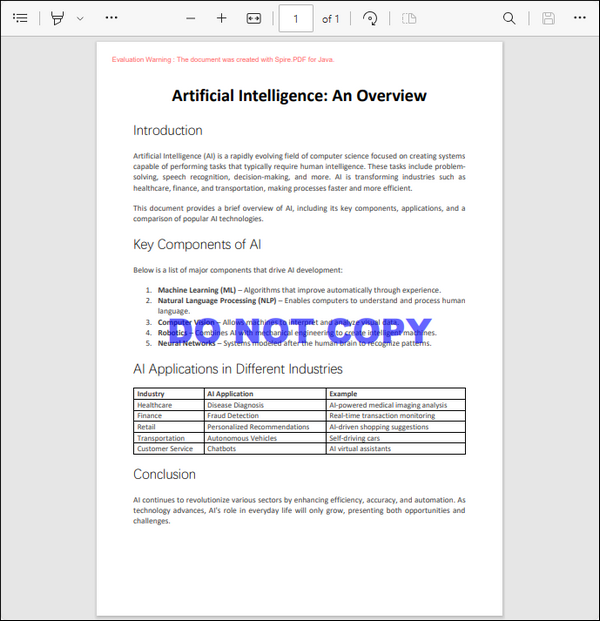  Output PDF file with a centered text watermark.
