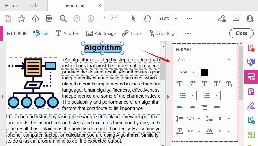 Mode d'édition d'Adobe Acrobat Pro montrant le panneau FORMAT DE TEXTE à gauche
