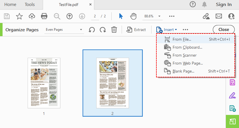 Menu déroulant Insérer d'Adobe Acrobat avec cinq options d'insertion