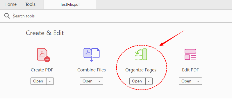 Interface de l'outil Organiser les pages d'Adobe Acrobat