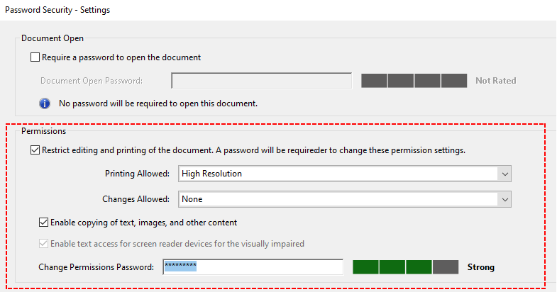 Adobe permission settings window for printing, copying, form filling